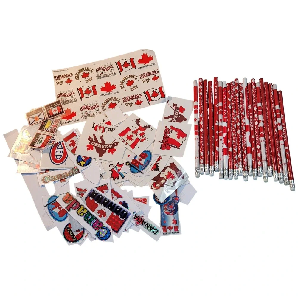 Unbranded Canada Stationery Lot 20 Red White Maple Leaf Pencils Stickers Tattoos